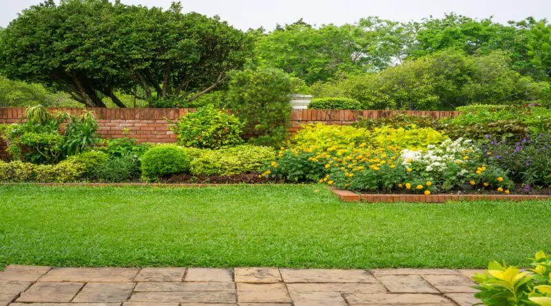 A residential backyard with a green lawn, a brick wall, and a garden with various bushes and flowers.