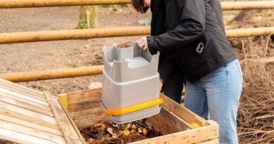 A gardener and nature enthusiast outside at their garden boxes, mixing their homemade compost in jeans and a jacket.